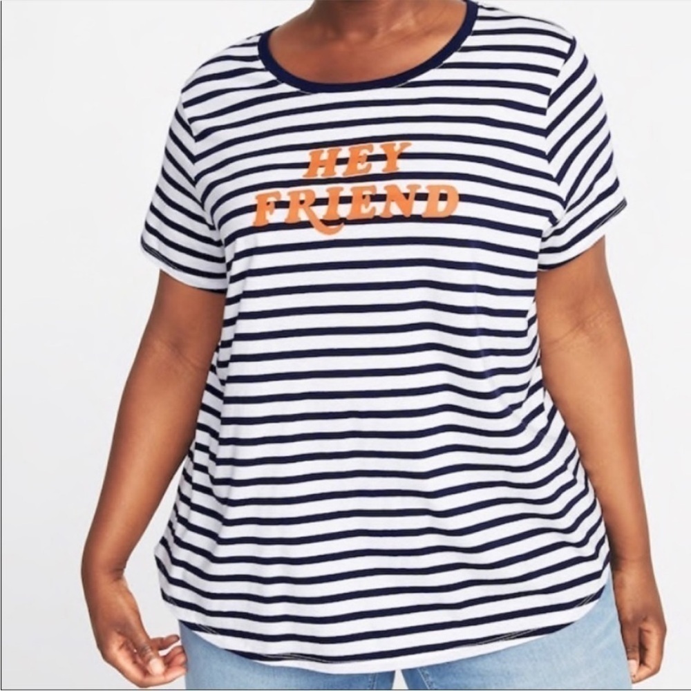 Old Navy Navy Blue and White Stripe Hey Friend Short Sleeve Graphic Shirt